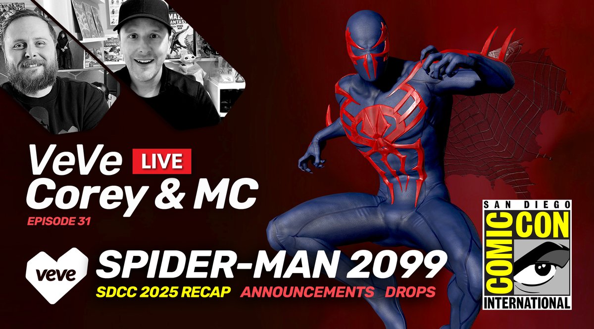 Join <a href="/OldRhubarb/">CoreyT</a> and <a href="/My_Collectables/">Mycollectables</a> for VeVe LIVE Ep 31 TODAY at 1PM PT for a full SDCC 2025 Recap, Spider-Man 2099 Preview, Giveaways, Reveals and Announcements! 

Livestream: youtube.com/live/A5RILgci8…

✨Special Guests: <a href="/VeVeMagic/">💙VeVeMagic.eth⭕️🏰</a> <a href="/HomiesOmi/">Max {⭕️mi Homies}</a> <a href="/mie_janie/">⭕️mi H⭕️mie Janie</a>