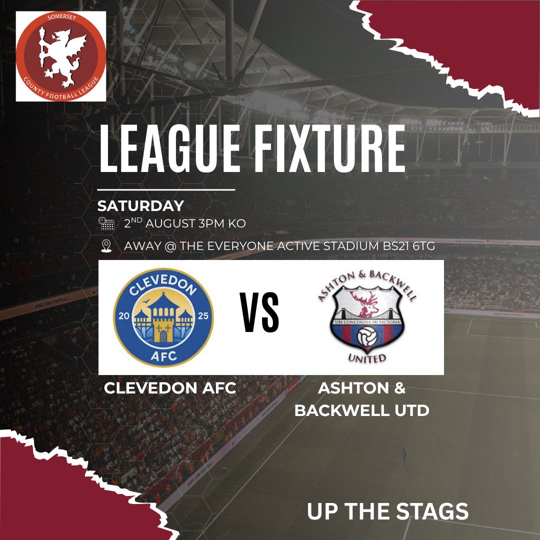 Ashton & Backwell United FC (@abufcsocial) on Twitter photo 📅 Matchday 1
⚽ <a href="/ClevedonAFC/">Clevedon AFC</a> vs The Stags
🏟️ Away BS21 6TG
🕒 Saturday 3rd August – 3:00PM KO
The new season kicks off this weekend with a short trip to Clevedon 💪
Come down and support the lads in our opening fixture!
#UpTheStags | #ABUFC | #NonLeagueFootball 🦌🦌 📅 Matchday 1
⚽ <a href="/ClevedonAFC/">Clevedon AFC</a> vs The Stags
🏟️ Away BS21 6TG
🕒 Saturday 3rd August – 3:00PM KO
The new season kicks off this weekend with a short trip to Clevedon 💪
Come down and support the lads in our opening fixture!
#UpTheStags | #ABUFC | #NonLeagueFootball 🦌🦌