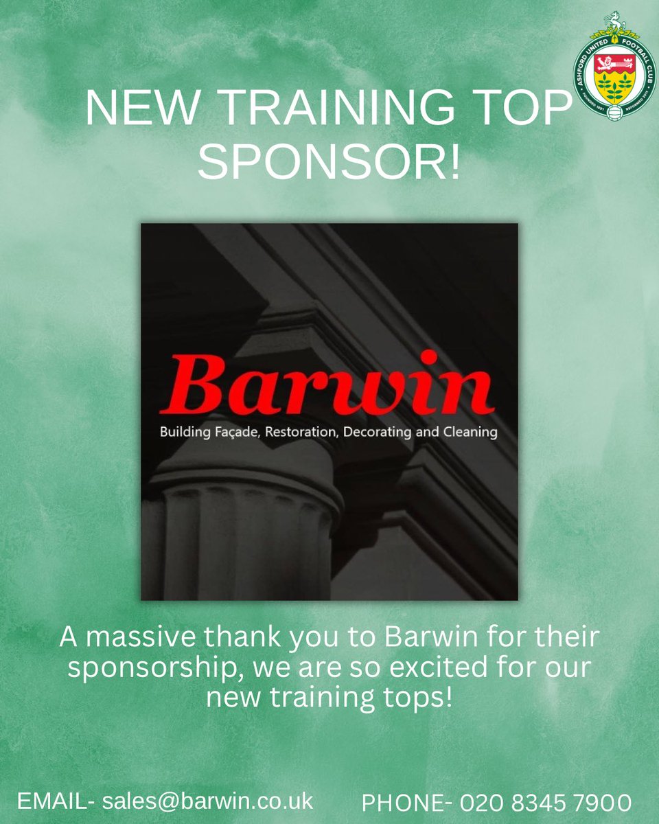 NEW TRAINING TOP SPONSOR!💚

We want to say a massive thank you to Barwin for their sponsorship, we are all so grateful and can’t wait for our new training tops!🙏🏻

<a href="/Barwin_UK/">Barwin</a> specialises in Building Facade, Restoration, Decorating and Cleaning!