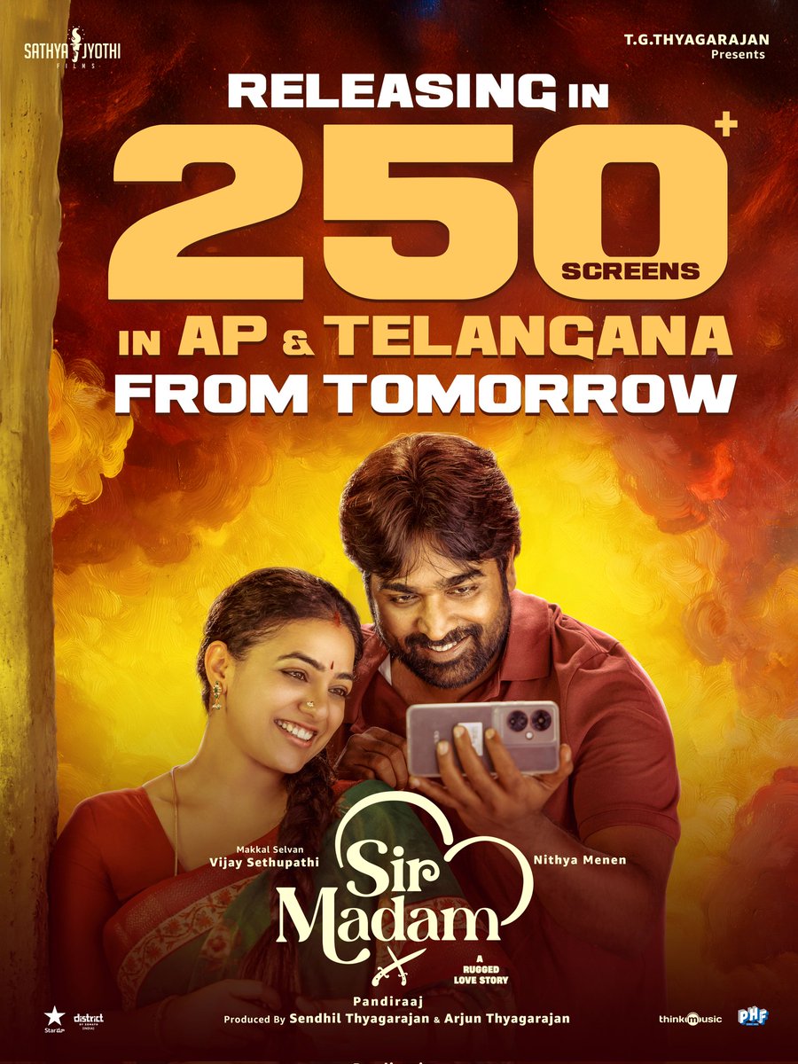 Sathya Jyothi Films (@sathyajyothi) on Twitter photo 250+ screens lo dhamki ready! 🔥
#SirMadam hits AP & Telangana theatres from tomorrow — don’t miss the action-packed ride!
<a href="/VijaySethuOffl/">VijaySethupathi</a> <a href="/MenenNithya/">Nithya Menen</a> <a href="/pandiraaj_dir/">Pandiraaj</a> <a href="/iYogiBabu/">Yogi Babu</a>
<a href="/Music_Santhosh/">Santhosh Narayanan</a> <a href="/Lyricist_Vivek/">Vivek</a> <a href="/thinkmusicindia/">Think Music</a> <a href="/studio9_suresh/">RK SURESH</a>
<a href="/Roshni_offl/">Roshni Haripriyan</a> <a href="/kaaliactor/">Kaali Venkat</a> 250+ screens lo dhamki ready! 🔥
#SirMadam hits AP & Telangana theatres from tomorrow — don’t miss the action-packed ride!
<a href="/VijaySethuOffl/">VijaySethupathi</a> <a href="/MenenNithya/">Nithya Menen</a> <a href="/pandiraaj_dir/">Pandiraaj</a> <a href="/iYogiBabu/">Yogi Babu</a>
<a href="/Music_Santhosh/">Santhosh Narayanan</a> <a href="/Lyricist_Vivek/">Vivek</a> <a href="/thinkmusicindia/">Think Music</a> <a href="/studio9_suresh/">RK SURESH</a>
<a href="/Roshni_offl/">Roshni Haripriyan</a> <a href="/kaaliactor/">Kaali Venkat</a>