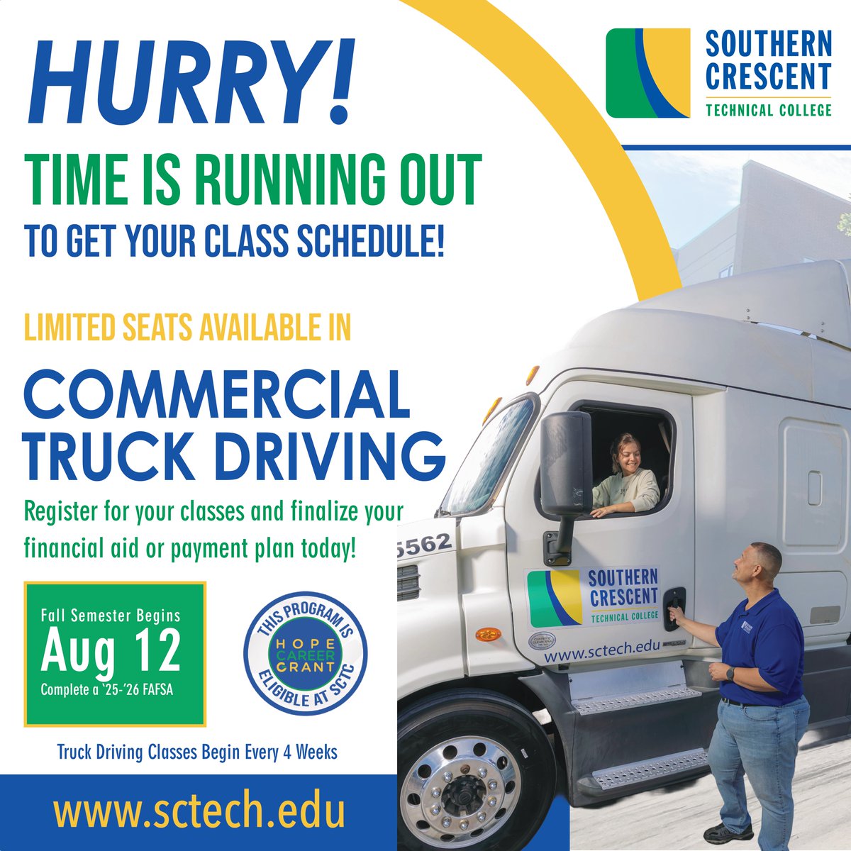 SCTC is now registering for Commercial Truck Driving!  CDL begins new classes EVERY 4 WEEKS and classes fill fast! Apply today at sctech.edu/apply.