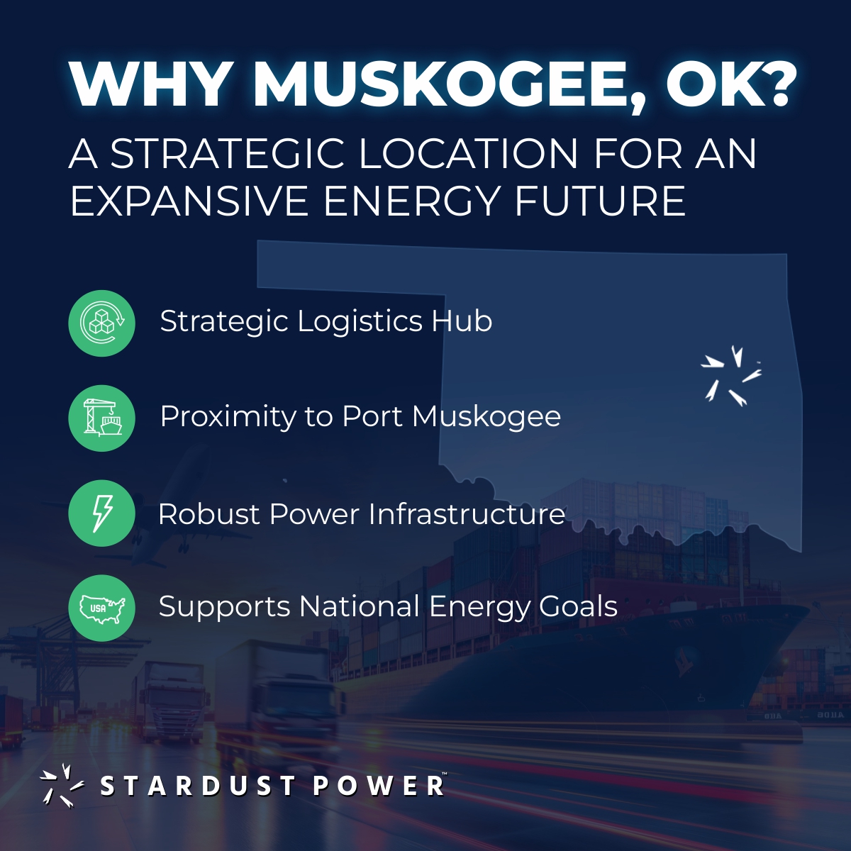 SDST_Power's tweet image. 🚛Why Muskogee? Great logistics, strong power infrastructure, and room to grow. Our 66-acre site near Port Muskogee is planned to support efficient lithium processing and American lithium independence.
@City of Muskogee 
$SDST #MadeInUSA #LithiumRefining #StardustPower
