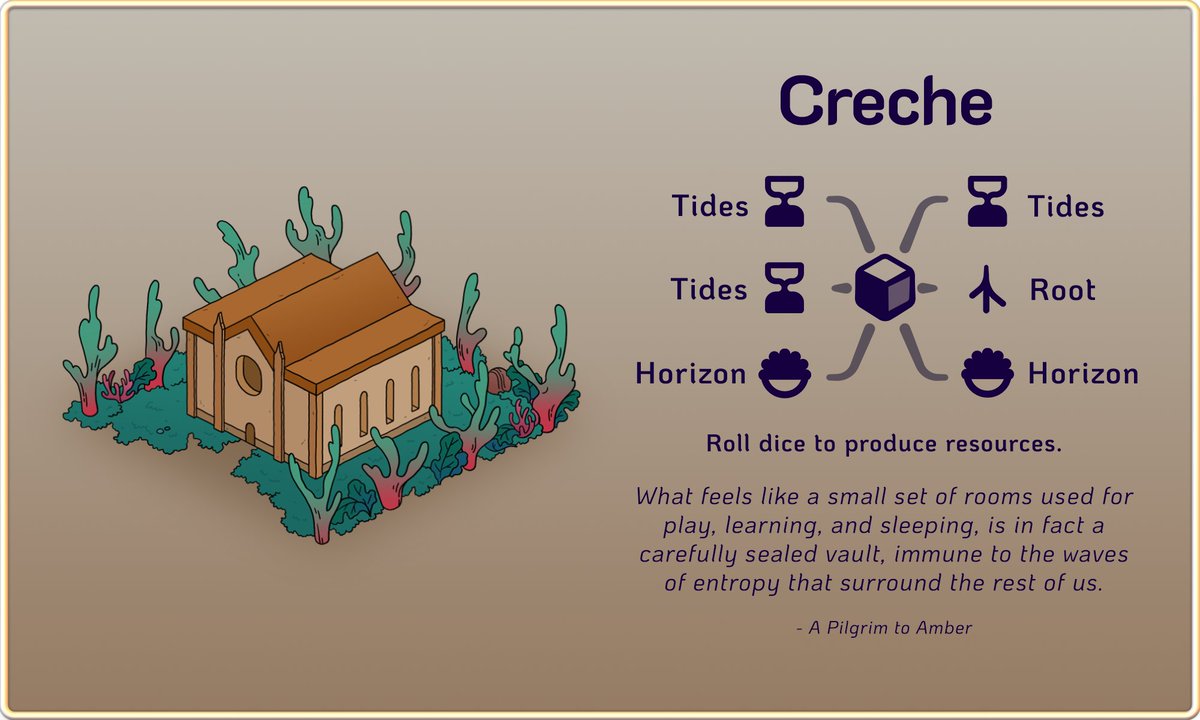 BithellGames's tweet image. AMBERSPIRE 🌇 The Creche

A small but useful building, the Creche can easily be tucked in amongst even the busier corners of your city. If you roll well, it can create a steady supply of Tides, a handy resource for construction and trading for influence.