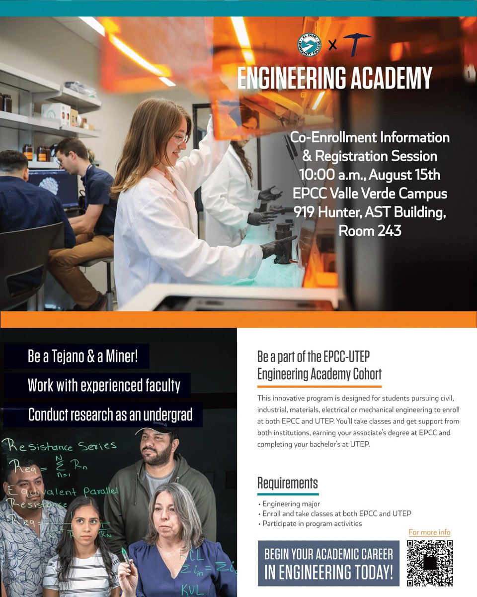 EPCCNews's tweet image. Join us for a Co-Enrollment Information &amp;amp; Registration Session on Aug. 15 at 10:00 a.m. at the Valle Verde Campus AST Building Room 243. For more info on the program, visit epcc.edu/Academics/Engi…
#EPCCpride #PickEngineering #UTEP