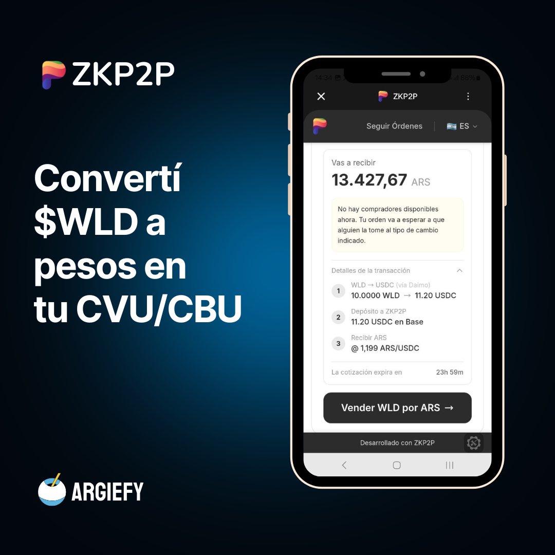 ¿Tenés $WLD o $USDC y querés pasarlos a pesos argentinos?

💸 Con <a href="/zkp2p/">ZKP2P</a> podés convertirlos a pesos y recibirlos en tu CBU o CVU.

Te mostramos lo fácil y rápido que es 👇