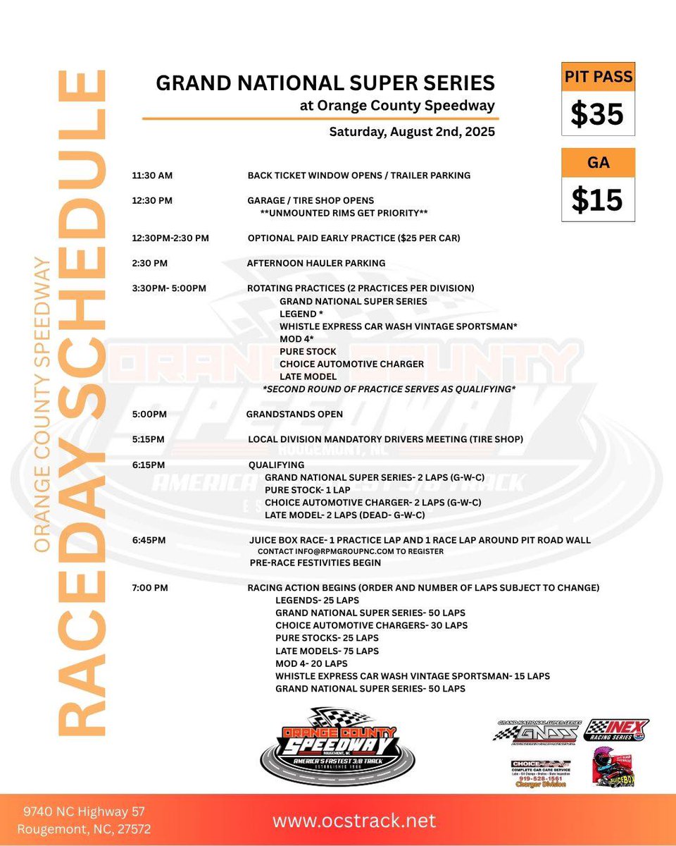 Grand National Super Series (@grandnationalss) on Twitter photo TWO DAYS AWAY!
Take a look at the schedule for this Saturday at <a href="/OCS_Track/">Orange County Speedway</a> to see when the green flag drops! TWO DAYS AWAY!
Take a look at the schedule for this Saturday at <a href="/OCS_Track/">Orange County Speedway</a> to see when the green flag drops!