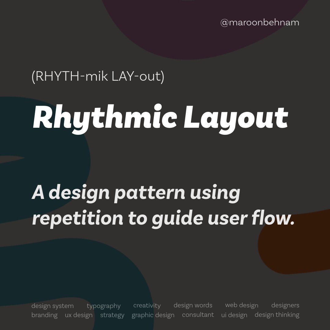 maroonbehnam's tweet image. Rhythmic Layout (RHYTH-mik LAY-out)
A design pattern using repetition to guide user flow. Create flow through visual rhythm. #RhythmicLayout #FlowDesign #PatternUse #UXStructure #DesignWithRhythm