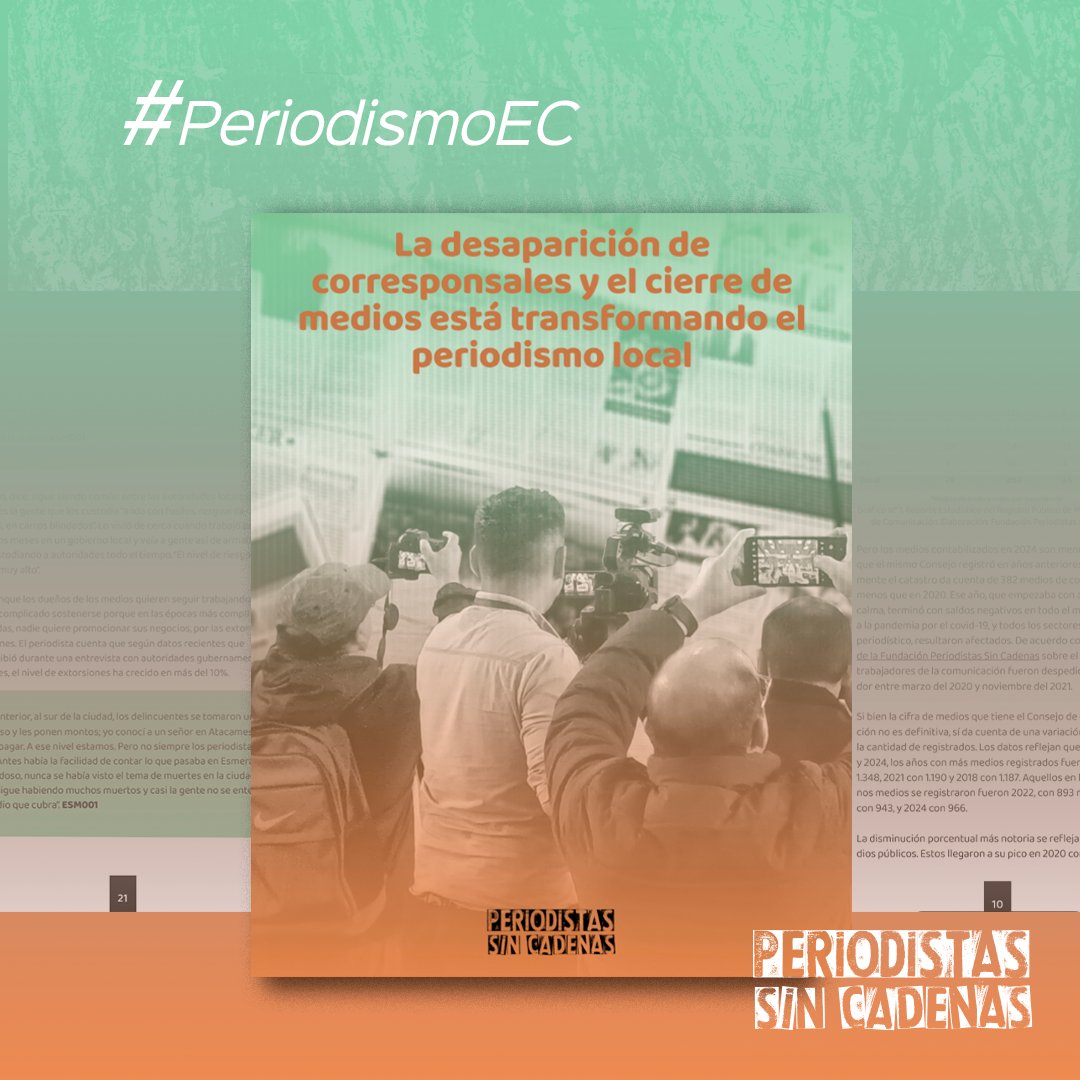Fundación Periodistas Sin Cadenas (@sincadenasecu) on Twitter photo 🔴#PeriodismoEC I ¿Qué viene después del cierre de un medio en ciudades 🇪🇨 donde mantenerlos a flote es cada día más difícil? Este informe de <a href="/SinCadenasECU/">Fundación Periodistas Sin Cadenas</a> revela que en #Ecuador hay cada vez menos medios regionales y corresponsalías.
⬇️Revisa aquí⬇️ periodistassincadenas.org/la-desaparicio… 🔴#PeriodismoEC I ¿Qué viene después del cierre de un medio en ciudades 🇪🇨 donde mantenerlos a flote es cada día más difícil? Este informe de <a href="/SinCadenasECU/">Fundación Periodistas Sin Cadenas</a> revela que en #Ecuador hay cada vez menos medios regionales y corresponsalías.
⬇️Revisa aquí⬇️ periodistassincadenas.org/la-desaparicio…
