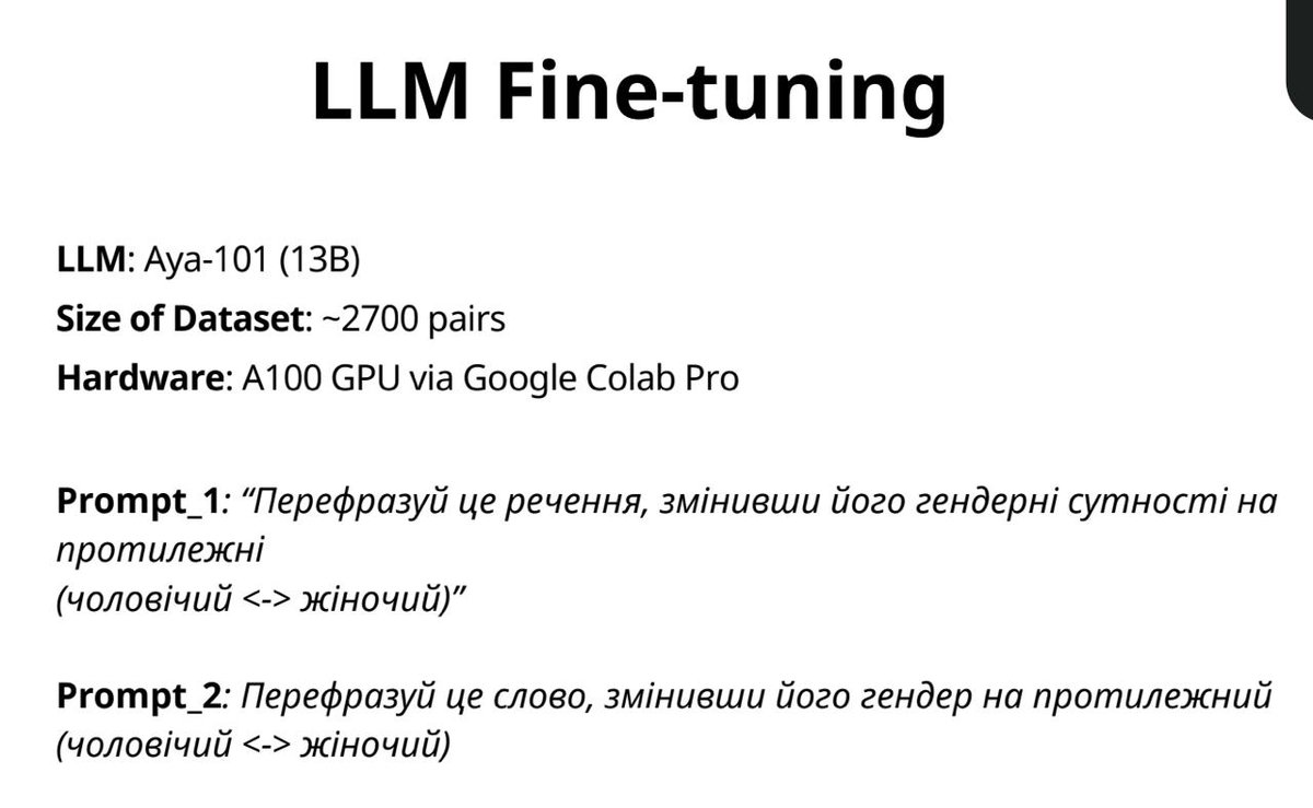 Fine-tuning Aya for the task of gender swapping in Ukrainian 😯

aclanthology.org/2025.unlp-1.16/

#unlpworkshop2025 #ACL2025 #ACL2025NLP #UNLPWorkshop