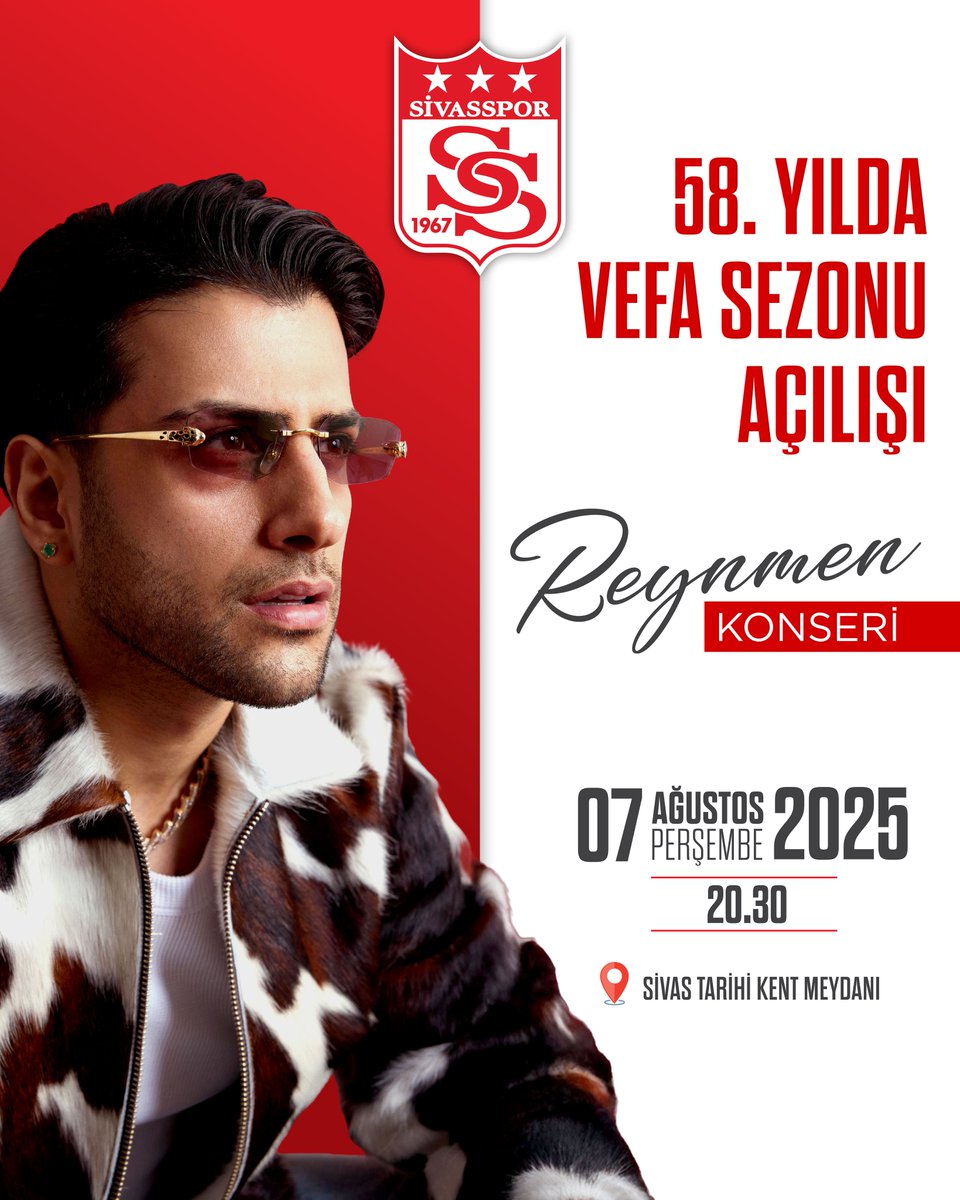 Sivasspor'umuzun 58. kuruluş yılında, 'Vefa Sezonu'nu coşkuyla açıyoruz.

🎤 Reynmen Konseri 
📍 Sivas Tarihi Kent Meydanı
🗓️ 07 Ağustos Perşembe
🕣 20.30

Formanı giy, bayrağını hazırla, kent meydanında buluşalım. Bu bir vefa şöleni!