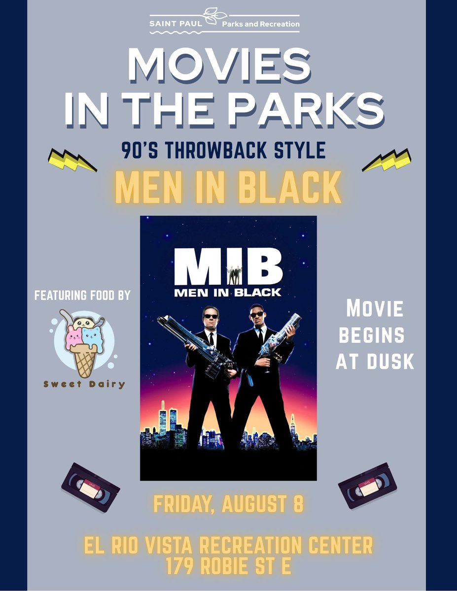 Join us for a movie in the park at El Rio Vista next Friday, August 8! We'll be showing Men in Black - a classic 90's throwback film. Movie begins at dusk! Don't forget a blanket, lawn chair, and enjoy a wonderful summer evening! All are welcome | Free | stpaul.gov/summer-events