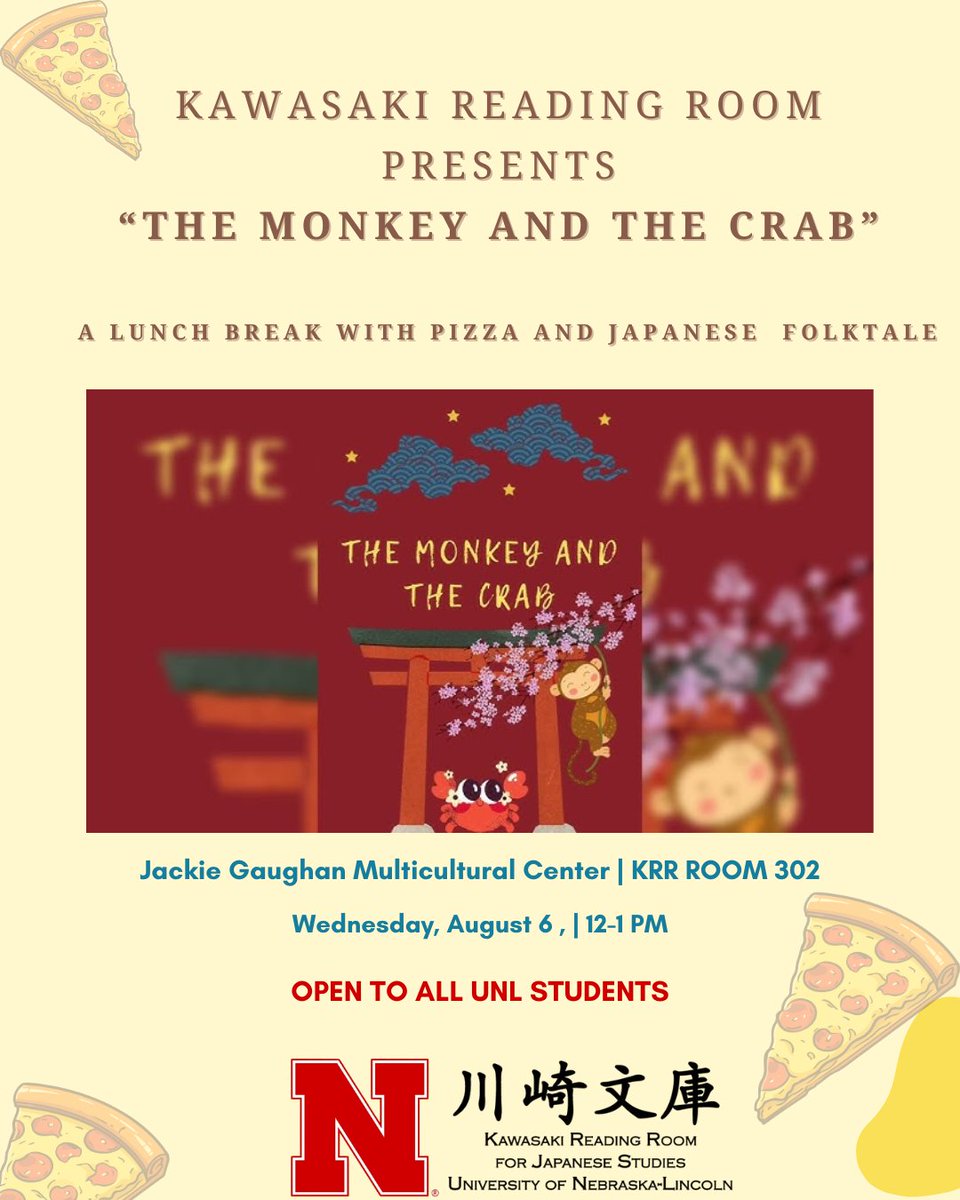 Take a lunch break with pizza &amp; a Japanese folktale!

Join us for “The Monkey and the Crab” 

✨ 🐒🦀
Free &amp; open to all UNL students!
#UNLEvents #JapaneseFolktales #FreePizza #KawasakiReadingRoom