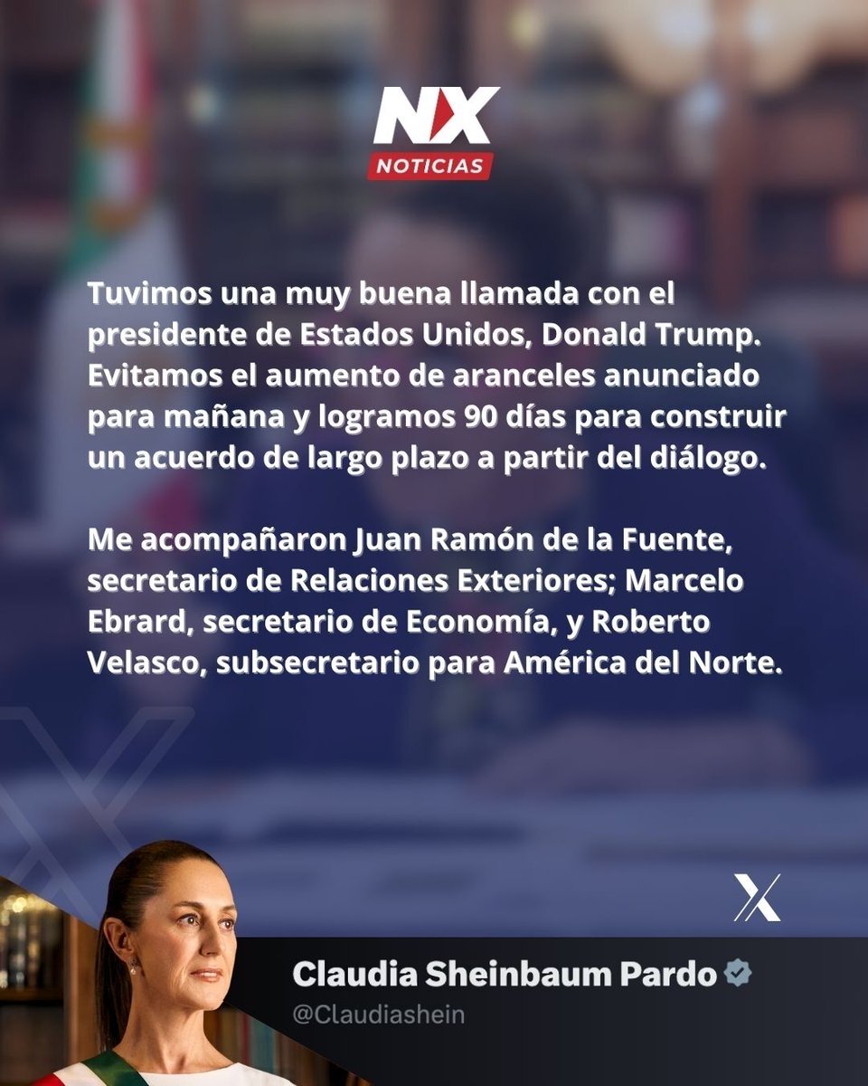 Presidenta Sheinbaum logra aplazar aranceles 90 días más 

A través de sus redes sociales, la presidenta de México, <a href="/Claudiashein/">Claudia Sheinbaum Pardo</a> , anunció que después de conversar por teléfono con su homólogo estadounidense, Donald Trump, se logró un acuerdo para aplazar los aranceles al menos