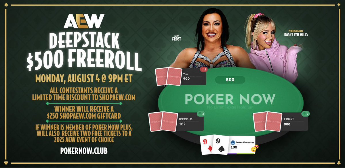 You may now call me Poker Frost. 

I have no idea how two of my worlds have collided here… but if you want to sign up for this FREE tournament next Monday- GO! I’ll be live for the entirety of the event, chatting, answering questions, and trying to take your money. <a href="/AEW/">All Elite Wrestling</a>