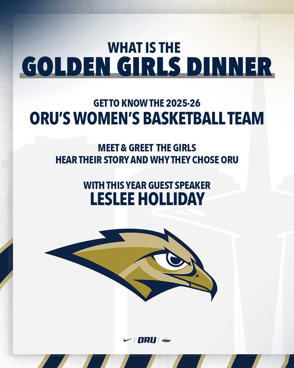Meet the 2025-26 #ORUWBB squad at this year’s Golden Girls Dinner on Thursday, September 4! 

We’re excited to welcome special guest speaker Leslee Holliday.

🎟️Get your tickets now: oruathletics.com/gg25

#GoldenStandard