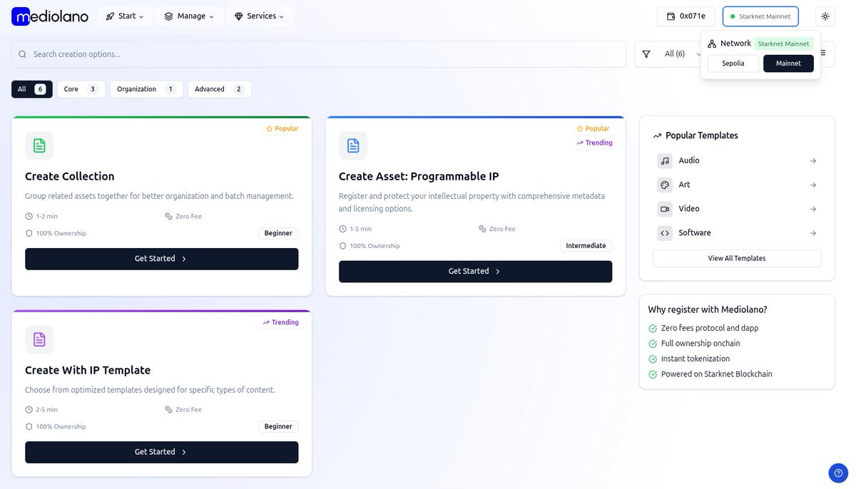 Mediolano (@mediolanoapp) on Twitter photo On the way to <a href="/Starknet/">Starknet 🐺🐱</a> mainnet - - always grinta -- Our dapp now allows users to switch between mainnet and sepolia testnet.
We will offer creators, agents, and organizations all the platform's tokenization and licensing capabilities for testing non-fungible assets. On the way to <a href="/Starknet/">Starknet 🐺🐱</a> mainnet - - always grinta -- Our dapp now allows users to switch between mainnet and sepolia testnet.
We will offer creators, agents, and organizations all the platform's tokenization and licensing capabilities for testing non-fungible assets.