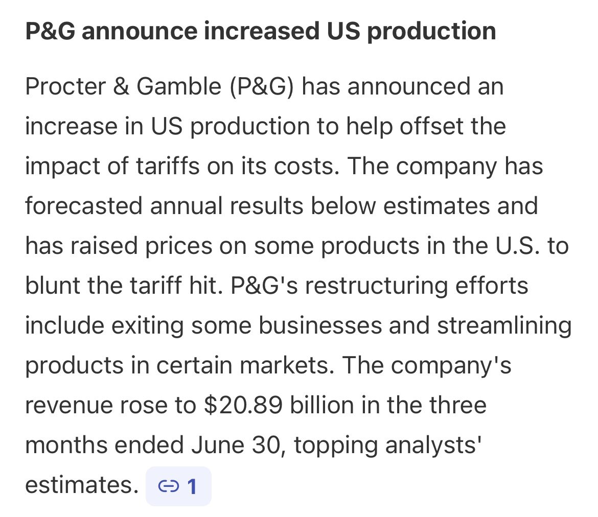 riverinfo's tweet photo. @caringguy1957 @DonaldJTrumpJr Poor liberals are outraged American companies like Procter &amp; Gamble (P&amp;G) has announced an increase in US production to help offset the impact of tariffs on its costs. 

The company's revenue rose to $20.89 billion in the three months ended June 30, topping analysts' estimates. https://t.co/w3zi3ETu0K