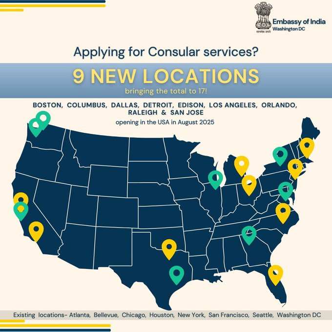 IndiainNewYork's tweet image. We are coming closer to you! We are opening 9 new Consular Application Centers (ICACs) in the USA in August, 2025, bringing the total to 17! New locations: Raleigh, Orlando, LA, San Jose, Dallas, Detroit, Columbus, Edison, Boston. #IndiaInUSA #ConsularService

@IndianEmbassyUS