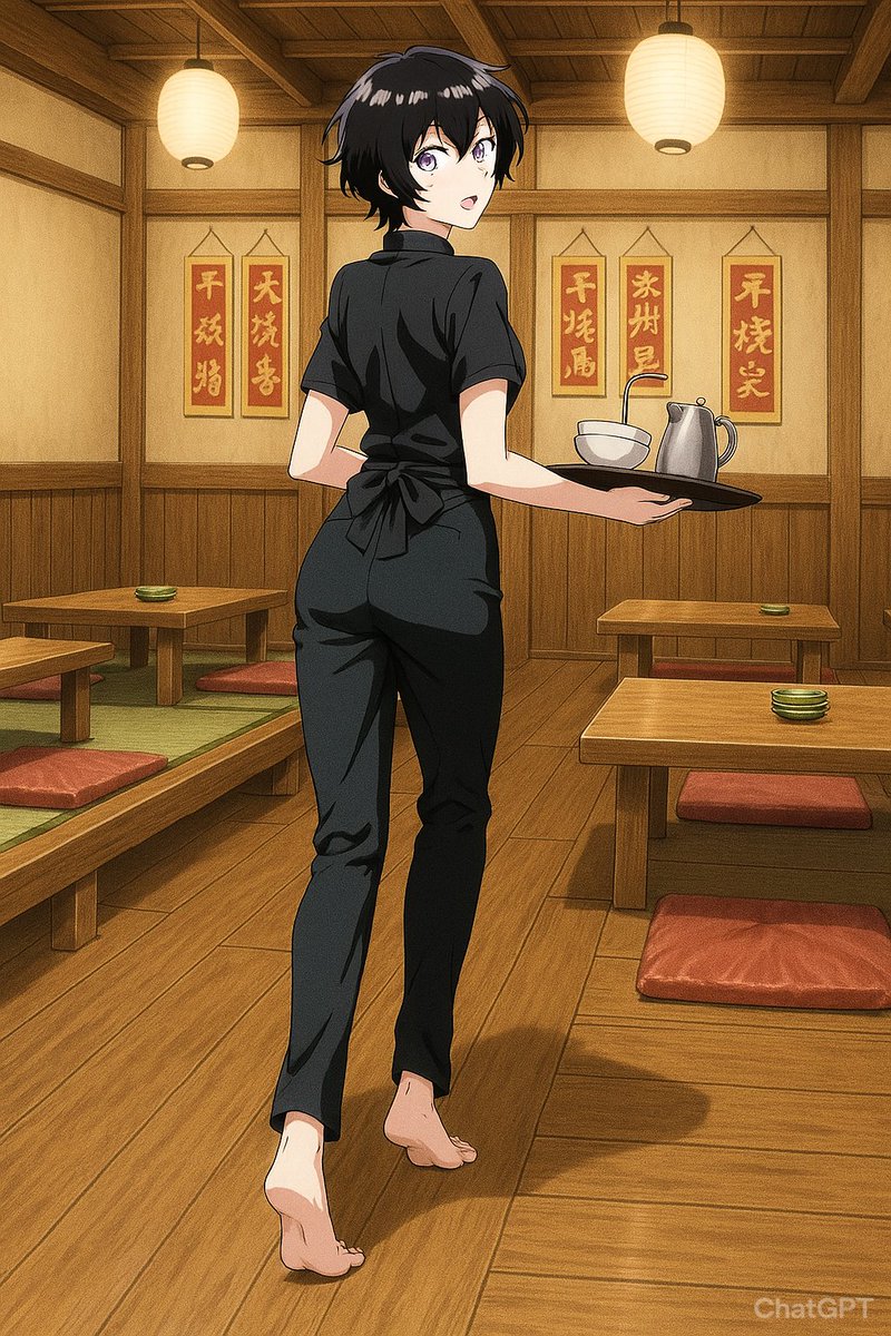 居酒屋で働く裸足のお姉さん
 #AI裸足絵
