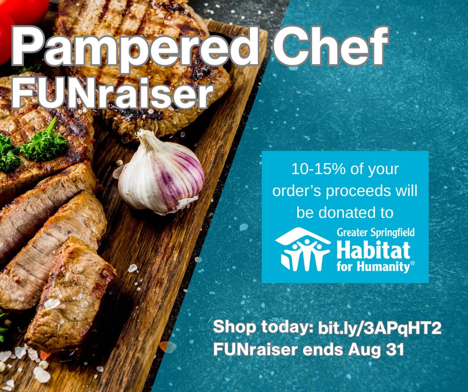 Time’s almost up! Our Pampered Chef #FUNraiser ends Aug 31! Order now &amp; 10–15% goes to Greater Springfield Habitat for Humanity to help build affordable homes. 🏡💙 Shop here ➡️ bit.ly/3APqHT2
#ShopForACause #HabitatForHumanity #BuildWithUs #PamperedChef