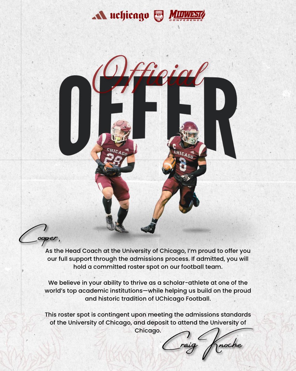 Cooper Powell (@cooperapowell) on Twitter photo After a great conversation with <a href="/CoachK_UChicago/">Craig Knoche</a>, I am grateful to say I have received an offer from <a href="/UChicagoFB/">UChicago Football</a>. #GoMaroons <a href="/CabotFB/">Cabot Football</a>
<a href="/Coach_J_Nelson/">Coach Jason Nelson</a>
<a href="/CoachRKersten/">Rich Kersten</a>
<a href="/UChiCoachSantos/">Jacob Santos</a>
<a href="/Coach_Karlson/">Erik Karlson</a> After a great conversation with <a href="/CoachK_UChicago/">Craig Knoche</a>, I am grateful to say I have received an offer from <a href="/UChicagoFB/">UChicago Football</a>. #GoMaroons <a href="/CabotFB/">Cabot Football</a>
<a href="/Coach_J_Nelson/">Coach Jason Nelson</a>
<a href="/CoachRKersten/">Rich Kersten</a>
<a href="/UChiCoachSantos/">Jacob Santos</a>
<a href="/Coach_Karlson/">Erik Karlson</a>