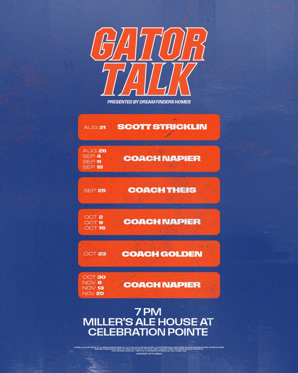Florida Gators (@floridagators) on Twitter photo Mark you calendars, Gator Talk is back π€
βΉοΈ bit.ly/4l73RI2 | <a href="/Dream_Finders/">Dream Finders Homes</a> Mark you calendars, Gator Talk is back π€
βΉοΈ bit.ly/4l73RI2 | <a href="/Dream_Finders/">Dream Finders Homes</a>