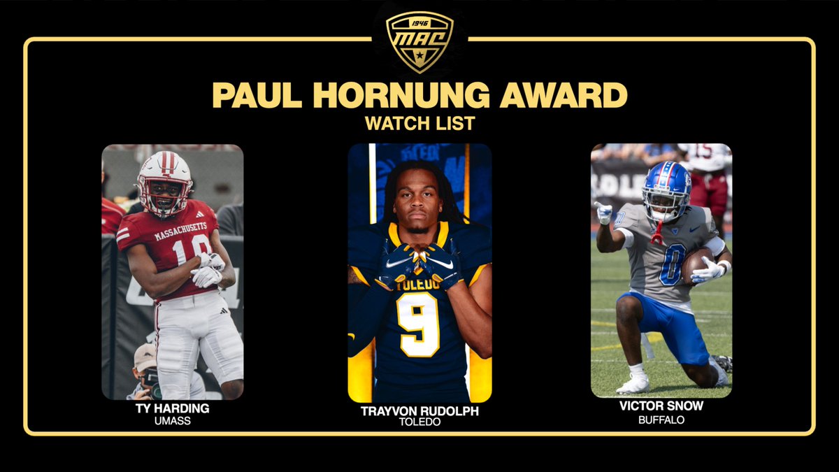MACSports's tweet image. Congrats to @6HardingTy, Trayvon Rudolph and @victorsn0w on being named to the @hornungaward Watch List!    

The awarded is presented annually to the most versatile player in college football.  

#MACtion 🏈