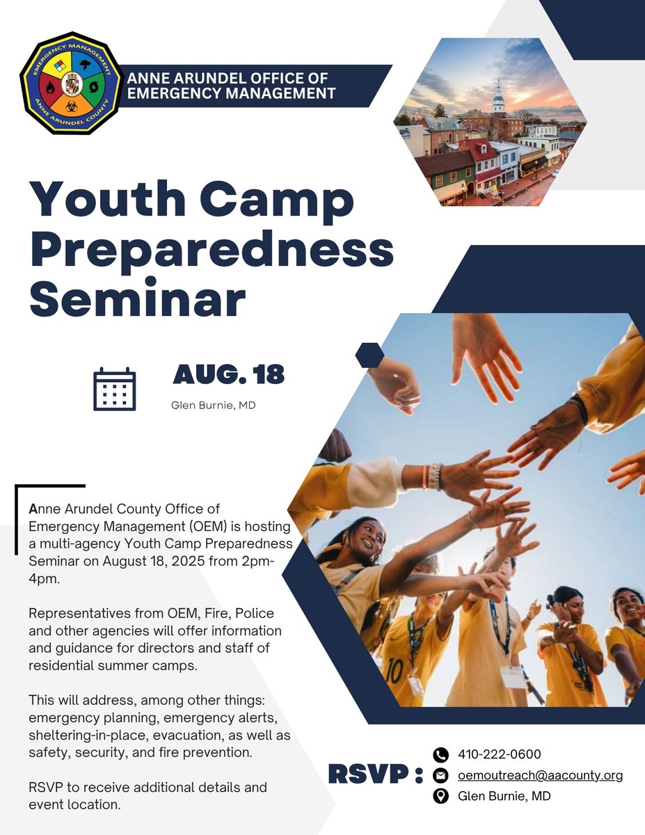 AACO Office of Emergency Management (@aaco_oem) on Twitter photo Are you a camp facilitator or counselor?
Anne Arundel OEM is hosting a multi-agency Youth Camp Preparedness Seminar on August 18, 2025 from 2pm-4pm.
To RVSP and reserve a space for you or your organization, email us at: oemoutreach@aacounty.org Are you a camp facilitator or counselor?
Anne Arundel OEM is hosting a multi-agency Youth Camp Preparedness Seminar on August 18, 2025 from 2pm-4pm.
To RVSP and reserve a space for you or your organization, email us at: oemoutreach@aacounty.org