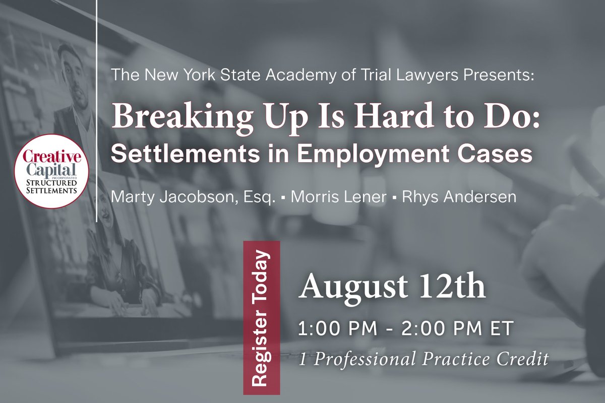 CCI_Structures's tweet image. Less Than 2 Weeks Away! Join us for our upcoming Live Stream: Breaking Up Is Hard to Do – Settlements in Employment Cases. 

Secure your spot &amp;amp; get ready for practical takeaways that can elevate your settlement strategies.

trialacademy.org/?pg=events&amp;amp;evA…