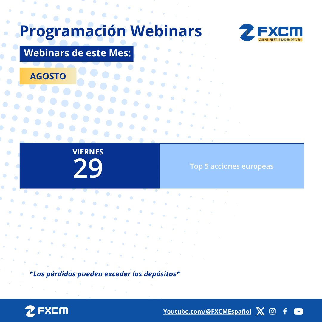 ¡Arranca agosto con formación de valor!
Esta semana, conéctate a nuestros webinars y fortalece tu análisis y gestión de riesgos.
Ya disponible en FXCM Español (@FXCMEspañol)

#FXCM #Tradingknolege #webinars #envivo #trading 

Las pérdidas pueden super los depósitos.
