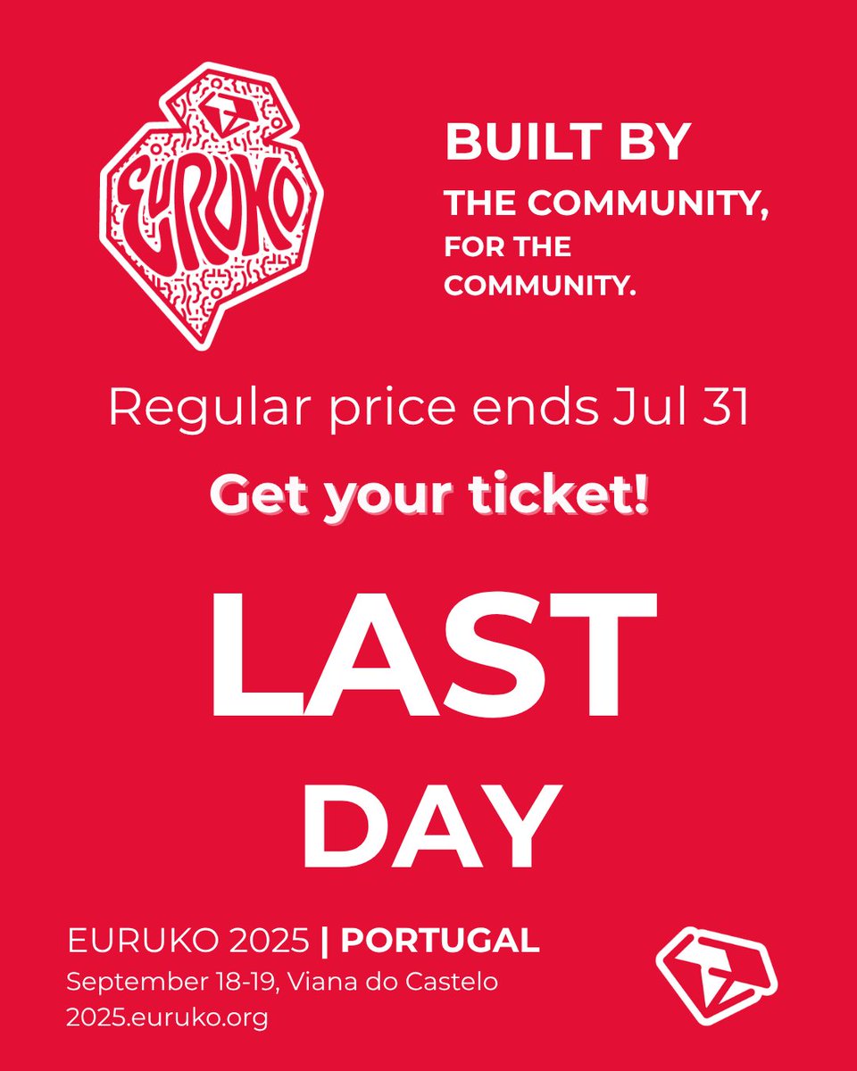 euruko's tweet image. ⏰ LAST DAY ⏰
Regular-price tickets close tonight!
Viana do Castelo, Portugal, is waiting for you—Euruko 2025 will be a Ruby experience like no other.
🎟️ 2025.euruko.org
#Euruko2025 #TheHeartOfCode #RubyCommunity #RubyConf #Portugal