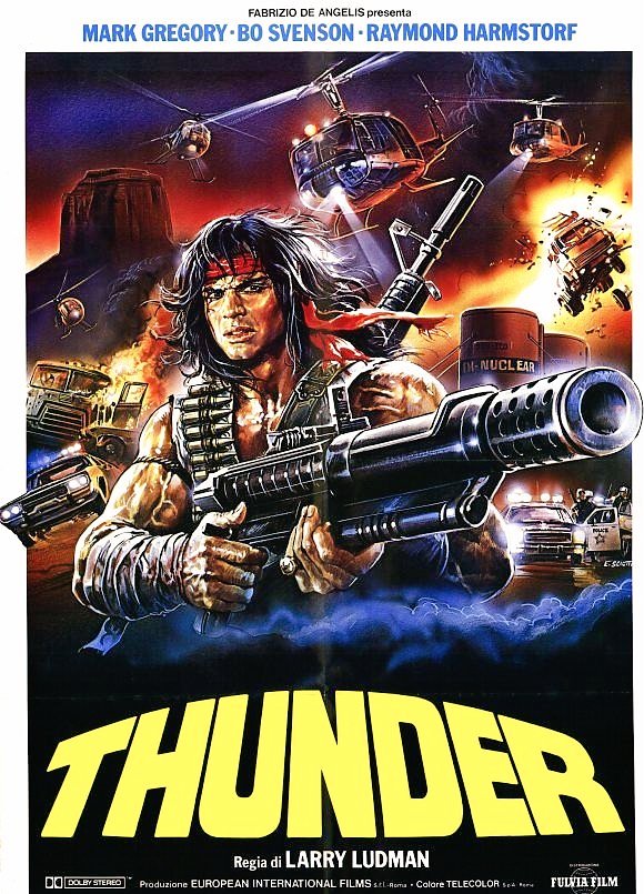 #movies #action
THUNDER (1983)
What if John Rambo was a Native American?
What if Billy Jack had a bazooka?
What if the titular star disappears for 20 minutes of the movie?
THUNDER answers all of these questions, more or less.
Italian actor Mark Gregory also starred in THUNDER 2.