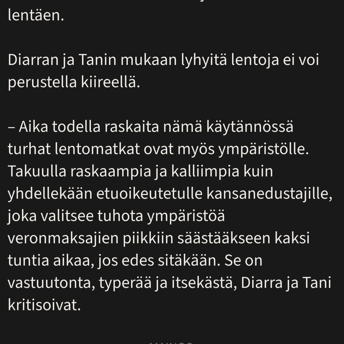 Tere Sammallahti | Espoo | Kokoomus 🇫🇮💙🇺🇦 (@teresammallahti) on Twitter photo Vihreiden <a href="/orastynkkynen/">Oras Tynkkynen @orastynkkynen.bsky.social</a> syyttää minua "kyttäämisestä". Koko homma lähti siitä, että vihreiden Diarra kyttäsi kollegoitaan Helmikuussa ja sanoi lentämisen ajan säästämiseksi olevan "typerää, vastuutonta ja itsekästä". mutta perusteli oman lomalentonsa kiirellä.
Oras plz. Vihreiden <a href="/orastynkkynen/">Oras Tynkkynen @orastynkkynen.bsky.social</a> syyttää minua "kyttäämisestä". Koko homma lähti siitä, että vihreiden Diarra kyttäsi kollegoitaan Helmikuussa ja sanoi lentämisen ajan säästämiseksi olevan "typerää, vastuutonta ja itsekästä". mutta perusteli oman lomalentonsa kiirellä.
Oras plz.