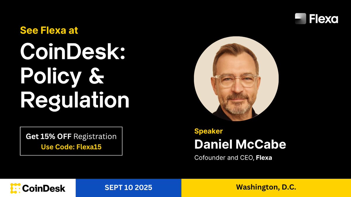 Flexa cofounder and CEO <a href="/dannymccb/">Daniel McCabe</a> will be hosting the keynote fireside chat at <a href="/CoinDesk/">CoinDesk</a>’s #CDPolicyRegulation in DC on September 10–where public and private sector leaders will come together to shape the future of crypto regulation.

🎟️ Use code Flexa15 for 15% off