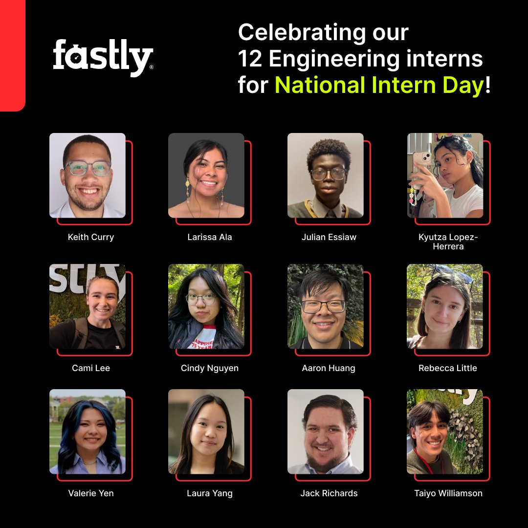 fastly's tweet image. 🌟 Happy #NationalInternDay! 🌟

Huge shoutout to our 12 amazing summer interns who’ve jumped right in—bringing curiosity, energy &amp;amp; fresh ideas across engineering, product, insights &amp;amp; more.

We’re lucky to have you on Team Fastly! 🚀

#FastlyInterns #LifeAtFastly