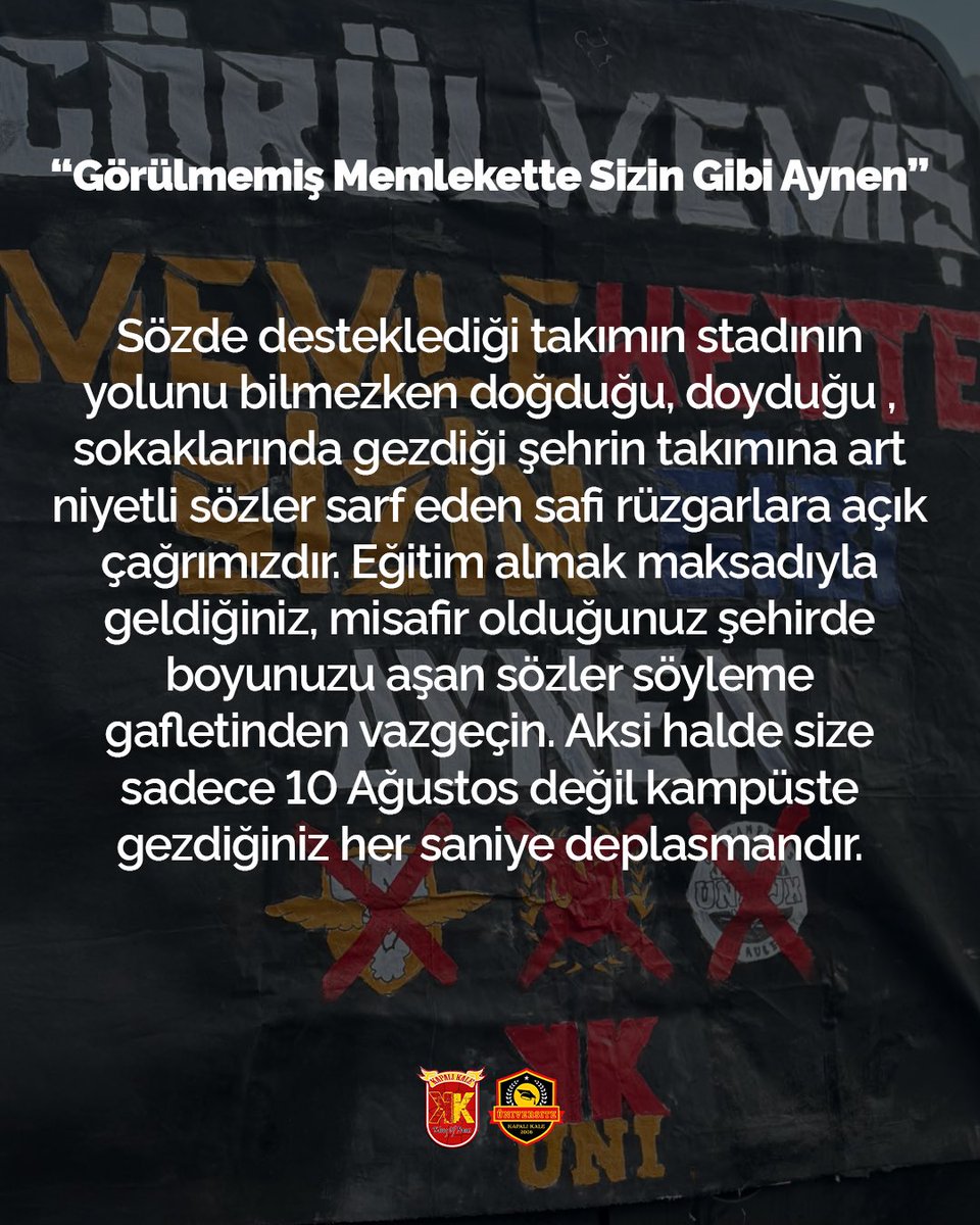 Takımımızın ve tribünümüzün değerleri hakkında maksatını aşan sözler kullanan safi rüzgarlara uyarımızdır. #KampüslerinKalesi