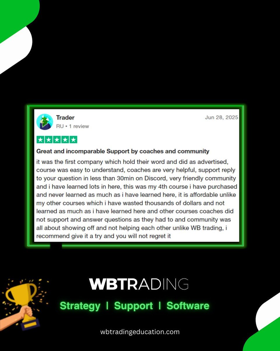 ⭐ For over a decade, WB Trading has been transforming the way traders learn and succeed. Reviews like this have been pouring in for the last 10 years – and we’re proud to say, there’s no slowing us down.

🔑 Strategy | ✅ Support | 🛠️ Software – that’s the WB way.

Link in bio.