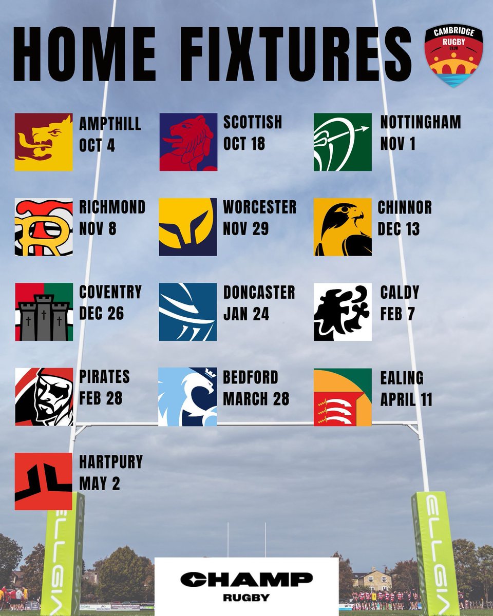 HOME FIXTURES! 

Grab your season memberships now and experience more matches with greater value at Cambridge Rugby Club - visit our website for more details 🏉    

🎟️ buff.ly/wKSxbt1 

#CRUFC