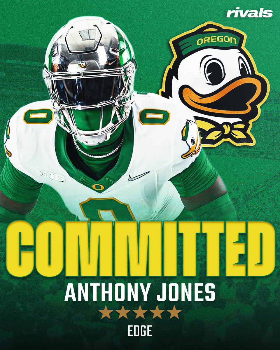 🚨BREAKING🚨 5-star EDGE Anthony 'Tank' Jones has committed to Oregon🦆

Read: on3.com/rivals/news/5-…