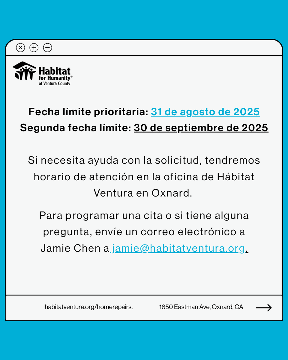 Habitat Ventura (@hfhvc) on Twitter photo 🏡 Apply for our FREE Home Repair Program!
Priority deadlines: 8/31 & 9/30.
Apply: habitatventura.org/homerepairs
Info: jamie@habitatventura.org
🏡 ¡Solicite reparaciones GRATIS!
Fechas límite: 31 ago & 30 sept.
Solicite: habitatventura.org/homerepairs
Info: jamie@habitatventura.org 🏡 Apply for our FREE Home Repair Program!
Priority deadlines: 8/31 & 9/30.
Apply: habitatventura.org/homerepairs
Info: jamie@habitatventura.org
🏡 ¡Solicite reparaciones GRATIS!
Fechas límite: 31 ago & 30 sept.
Solicite: habitatventura.org/homerepairs
Info: jamie@habitatventura.org
