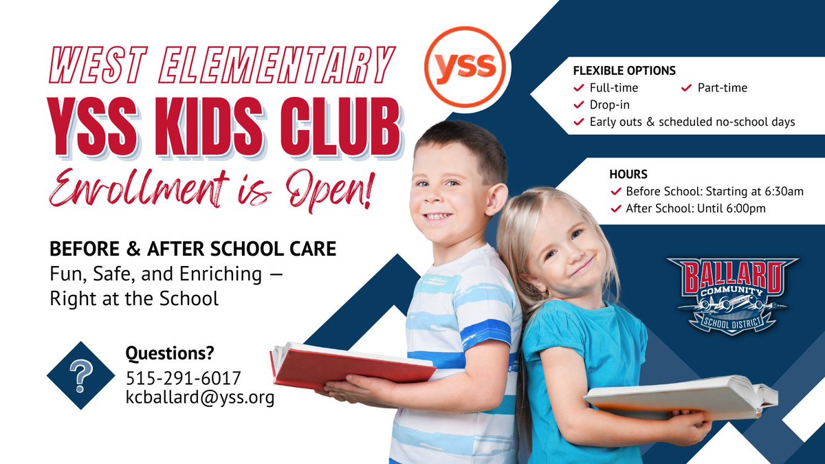 Enrollment is open for Ballard West’s YSS Kids Club! 🌟 

Kids Club is a Health &amp; Human Services licensed before- and after-school program. It offers a safe, welcoming space where your child can grow, explore &amp; thrive.

Find more info &amp; register: yss.org/program/afters…