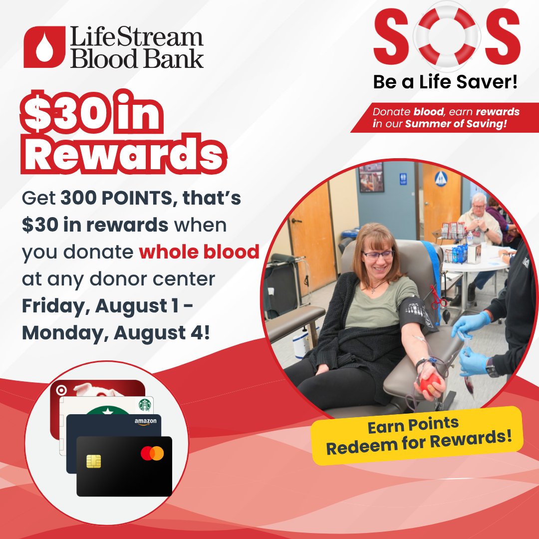 🩸 Donate whole blood at any LifeStream donor center from Friday, August 1 to Monday, August 4 and earn $30 in rewards! Make your appointment at lstream.org and help replenish the local blood supply because a local patient is counting on you. #InlandEmpire