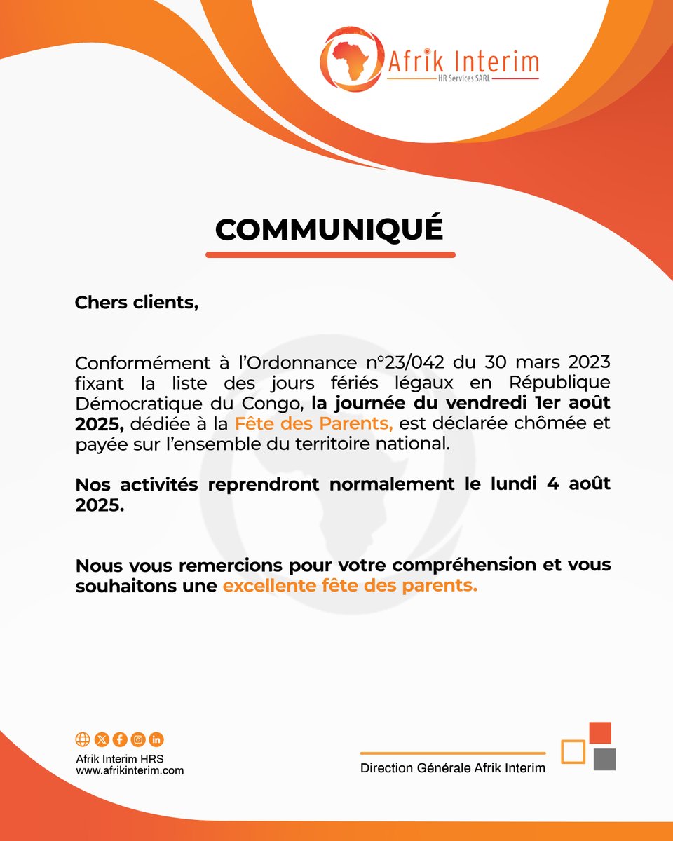 AfrikinterimHRS's tweet image. 📢 Chers clients, Nous vous prions de bien vouloir prendre connaissance du présent communiqué.

#AfrikInterim #JourFérié #CommunicationClient