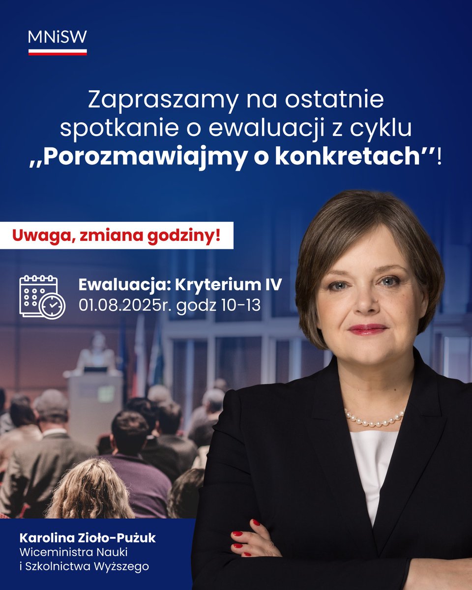 Ministerstwo Nauki i Szkolnictwa Wyższego (@mnisw_gov__pl) on Twitter photo 🚨 Uwaga, zmiana godziny!
Wiceministra <a href="/KarolinaZioloP/">Karolina Zioło-Pużuk</a> kończy cykl otwartych spotkań online „Porozmawiamy o konkretach” poświęcony nowym zasadom ewaluacji jakości działalności naukowej. 🤝
Nowością założeń nowego modelu ewaluacji jakości działalności naukowej jest kryterium 🚨 Uwaga, zmiana godziny!
Wiceministra <a href="/KarolinaZioloP/">Karolina Zioło-Pużuk</a> kończy cykl otwartych spotkań online „Porozmawiamy o konkretach” poświęcony nowym zasadom ewaluacji jakości działalności naukowej. 🤝
Nowością założeń nowego modelu ewaluacji jakości działalności naukowej jest kryterium