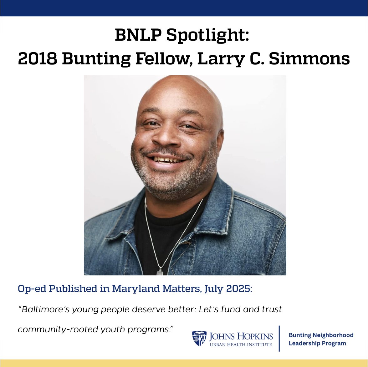 JHUrbanHealth (@jhurbanhealth) on Twitter photo Weโre proud to uplift our 2018 #BuntingFellow, Larry Simmons, for his powerful op-ed in <a href="/marylandmatters/">Maryland Matters || bsky @marylandmatters.org</a>: โBaltimoreโs young people deserve better: Letโs fund and trust community-rooted youth programs.โ ๐
๐ฐ Read the full piece: loom.ly/dteFsqE
#Baltimore #BNLP Weโre proud to uplift our 2018 #BuntingFellow, Larry Simmons, for his powerful op-ed in <a href="/marylandmatters/">Maryland Matters || bsky @marylandmatters.org</a>: โBaltimoreโs young people deserve better: Letโs fund and trust community-rooted youth programs.โ ๐
๐ฐ Read the full piece: loom.ly/dteFsqE
#Baltimore #BNLP