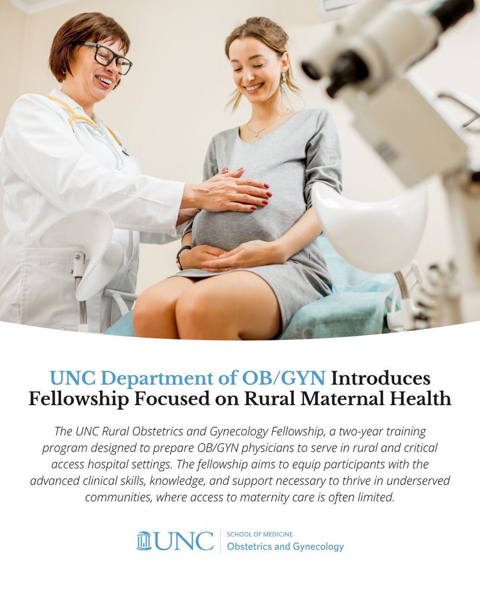 UNC Obstetrics and Gynecology (@uncobgyn) on Twitter photo UNC OB/GYN has launched a Rural Fellowship to address critical gaps in maternity care across underserved areas. This innovative program aims to bring more specialized providers where they're needed most. 🩺 <a href="/UNC_SOM/">UNC School of Medicine</a>
Learn more: med.unc.edu/obgyn/2025/06/… UNC OB/GYN has launched a Rural Fellowship to address critical gaps in maternity care across underserved areas. This innovative program aims to bring more specialized providers where they're needed most. 🩺 <a href="/UNC_SOM/">UNC School of Medicine</a>
Learn more: med.unc.edu/obgyn/2025/06/…