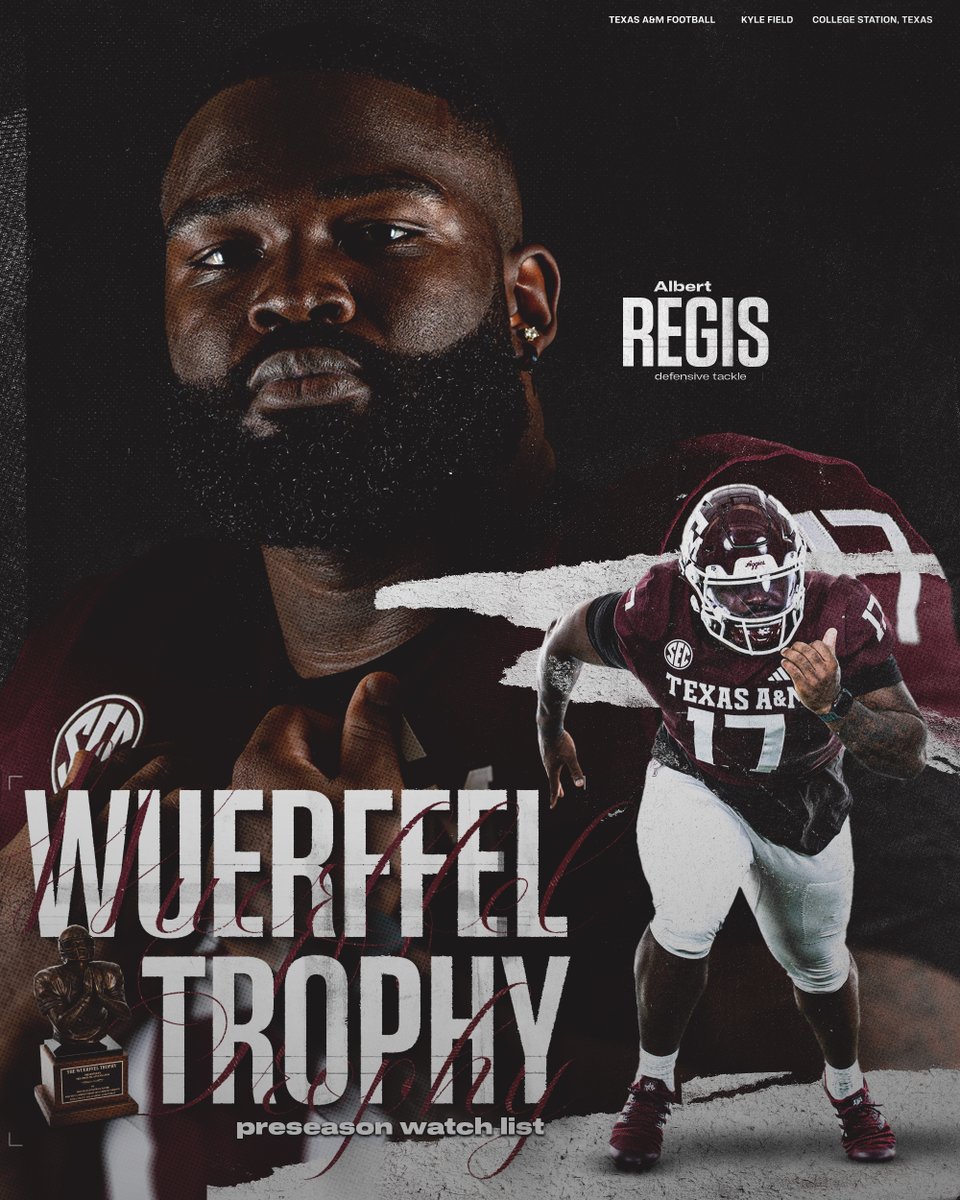 Texas A&M Football (@aggiefootball) on Twitter photo More than a game.
Albert Regis has been named to the Allstate <a href="/WuerffelTrophy/">Allstate Wuerffel Trophy</a> Watch List, college football’s premier award for community service. 👍 More than a game.
Albert Regis has been named to the Allstate <a href="/WuerffelTrophy/">Allstate Wuerffel Trophy</a> Watch List, college football’s premier award for community service. 👍