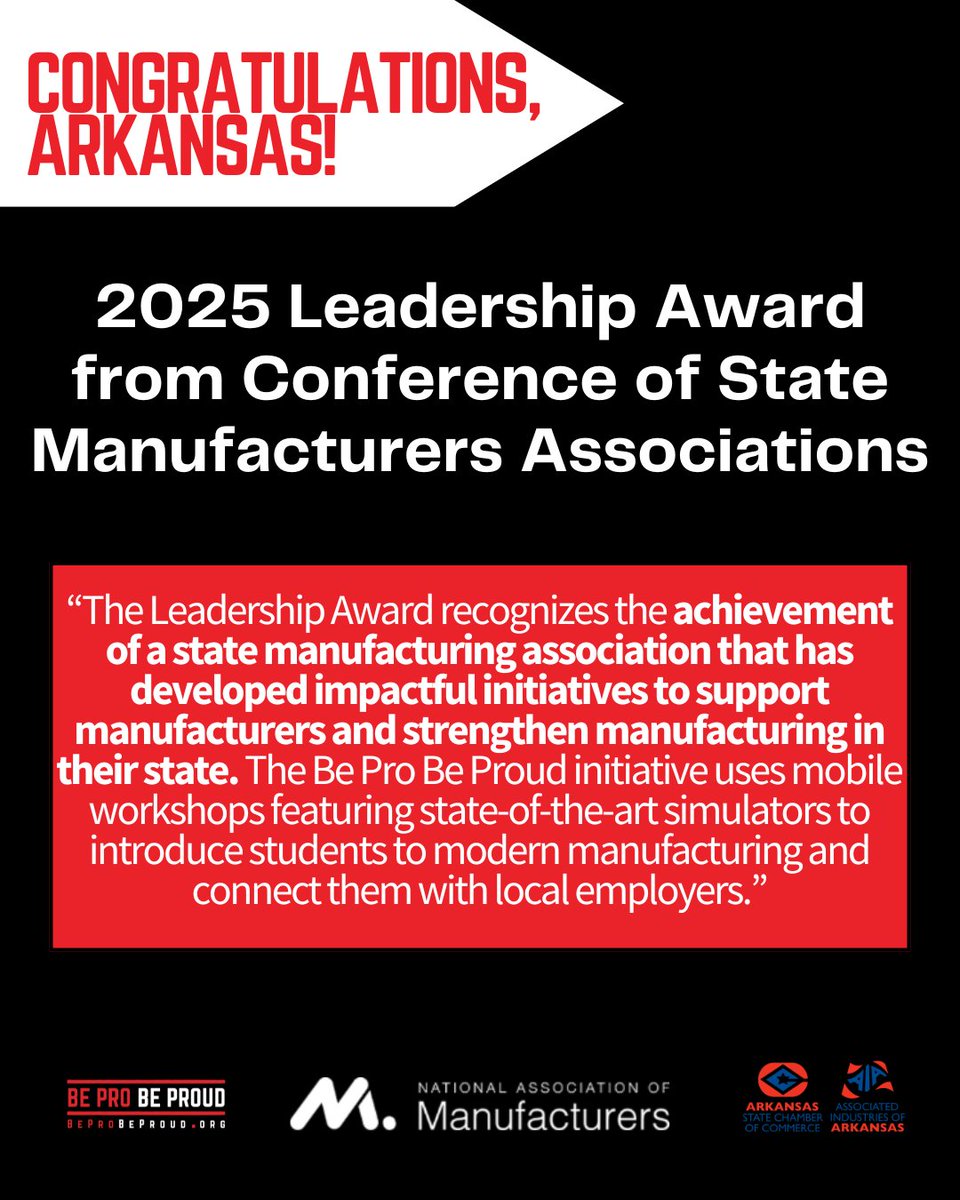 “The Arkansas State Chamber of Commerce &amp; the Associated Industries of Arkansas were awarded the 2025 Leadership Award from the Conference of State Manufacturers Associations..."

We’re PROud to grow this movement together. 🔗Read more here: bit.ly/3UE7Lxf