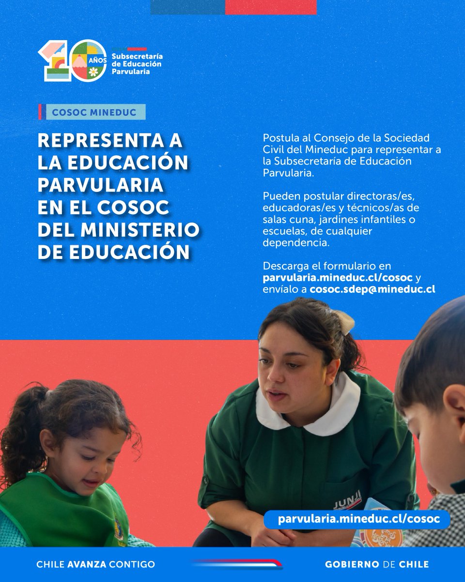 Subsecretaría de Educación Parvularia 🧒🏽👶🏽👩🏽 (@subeducparv) on Twitter photo ⏰ ¡Quedan pocos días! Postula al Consejo de la Sociedad Civil del <a href="/Mineduc/">Ministerio de Educación</a>.
Buscamos educadoras/es, directoras/es y técnicos/as en párvulos que trabajen en jardines o escuelas.
📌 parvularia.mineduc.cl/cosoc
📩 cosoc.sdep@mineduc.cl
¡Tu voz importa! 💬 ⏰ ¡Quedan pocos días! Postula al Consejo de la Sociedad Civil del <a href="/Mineduc/">Ministerio de Educación</a>.
Buscamos educadoras/es, directoras/es y técnicos/as en párvulos que trabajen en jardines o escuelas.
📌 parvularia.mineduc.cl/cosoc
📩 cosoc.sdep@mineduc.cl
¡Tu voz importa! 💬