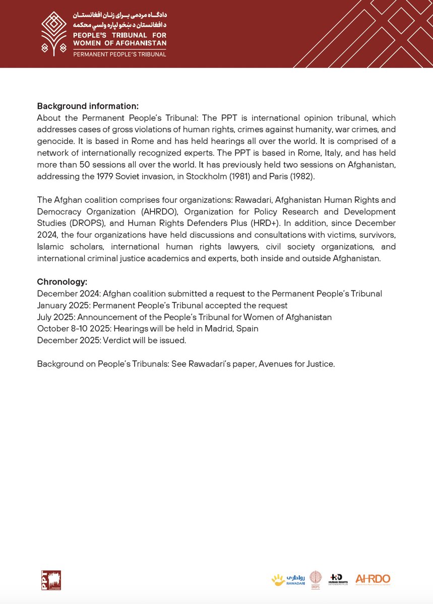 Today, a coalition of four civil society orgs launched the People's Tribunal for Afghan Women before the Permanent People's Tribunal (#PPT) to address crimes against women and girls in #Afghanistan.
Read the press release:

<a href="/rawadari_org/">Rawadari رواداری</a> <a href="/AhrdoAfg/">AHRDO</a> <a href="/drops_afg/">DROPS</a> <a href="/HRDPlusNetwork/">HRD+</a>